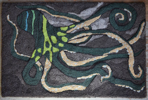 tufted wool octopus rug. hand spun yarn. greens blues 